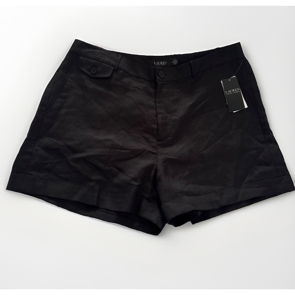 NWT Lauren Ralph Lauren Women's Pleated Linen-Blend Short 4" Cuffed 14 Black